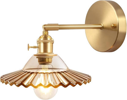 Shenmoyl Vintage Wall Sconces with Amber Lotus Glass Lampshade 180 Degree Adjustable Brass Sconces Hradwired Modern Wall Lighting Fixture with Switch for Bedside Bedroom Doorway