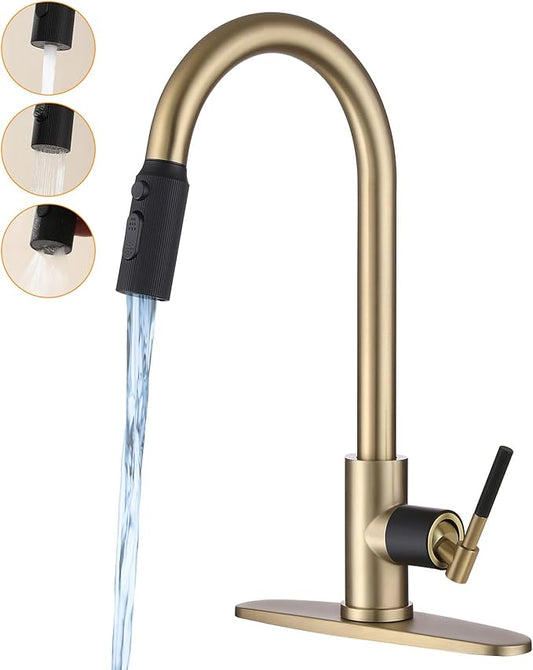 Black and Gold Kitchen Faucet,Stainless Steel Faucet for Kitchen Sink with Pull Down Sprayer, Single Handle High Arc Gooseneck Sink Faucet for Bar RV, Fit for 1/3 Hole Brushed Finish