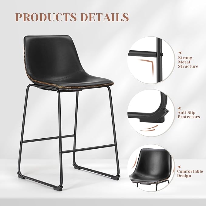 Sweetcrispy Counter Height Bar Stools Set of 2, 30 inch Height Stool Faux Leather Barstools with Back, Armless Kitchen Island Countertop Comfortable Modern Chairs with Metal Legs, Black