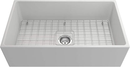 BOCCHI Contempo Farmhouse Apron Front Fireclay 33 in. Single Bowl Kitchen Sink with Protective Bottom Grid and Strainer in Matte White