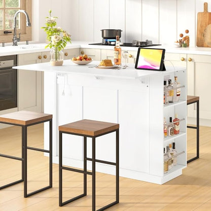 Virubi 47.2" Kitchen Island with Storage, Bottle Rack & Glass Holder, Wood Buffet Sideboard with Side Shelves, Drop Leaf & Power Outlet (White)