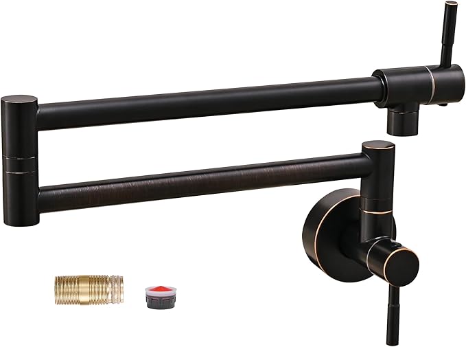 Fransiton Pot Filler, Oil-Rubbed Bronze Pot Filler Faucet Wall Mount, Brass Folding Stretchable with Double Joint Swing Arm Single Hole Two Handles Over Stove Kitchen Restaurant
