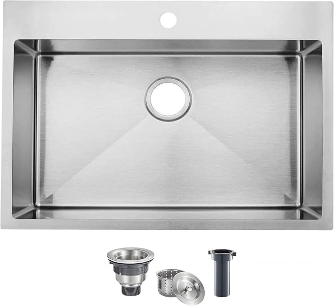 KINGO HOME 28 Inch Drop in Kitchen Sink, 304 Stainless Steel Single Bowl Basin, Top Mount 16 Gauge 28x18 Inch Brushed Nickel Dishwasher Sinks for Workstation, RV, Laundry, Commercial and Bar Sink