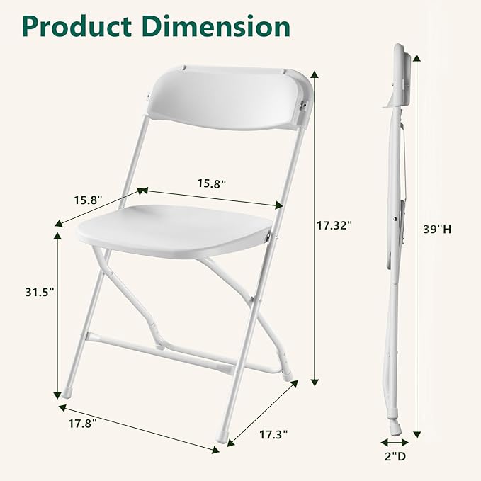 4 Pack White Plastic Folding Chairs, Outdoor Portable Folding Chair with Steel Frame, 350lbs Capacity Stackable Foldable Chairs for Patio, Garden, Picnic, Kitchen, Events