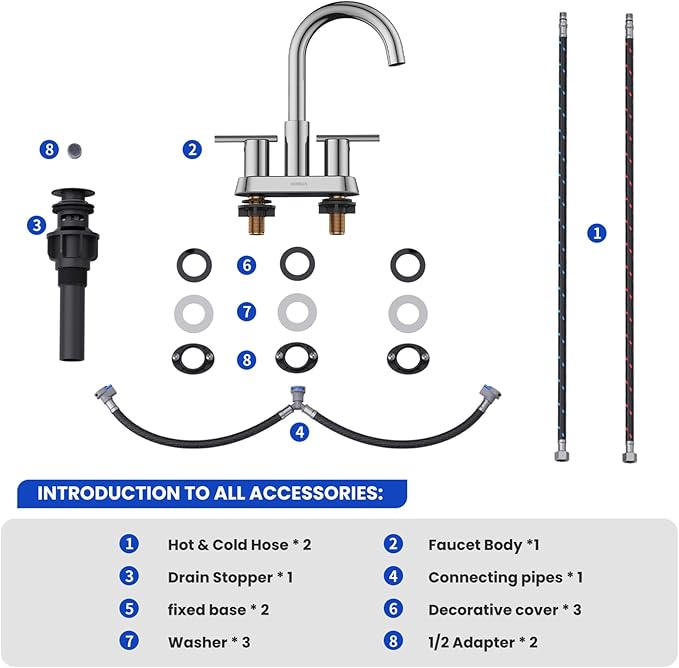 Hurran 4 Inch Bathroom Faucet for Sink 3 Hole, Chrome Bathroom Faucet with Pop-up Drain and 2 Supply Hoses,Stainless Steel Lead-Free 2-Handle Centerset Faucet for Sink Vanity RV