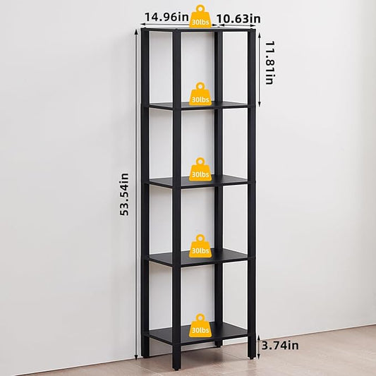 YUFAM 54in Tall Bookshelf 5-Tier Small Narrow Bookcase, Skinny Book Shelf for Small Space, Farmhouse Slim Shelf with Storage, Wood Freestanding Display Thin Bookshelves for Living Room, Office, Black
