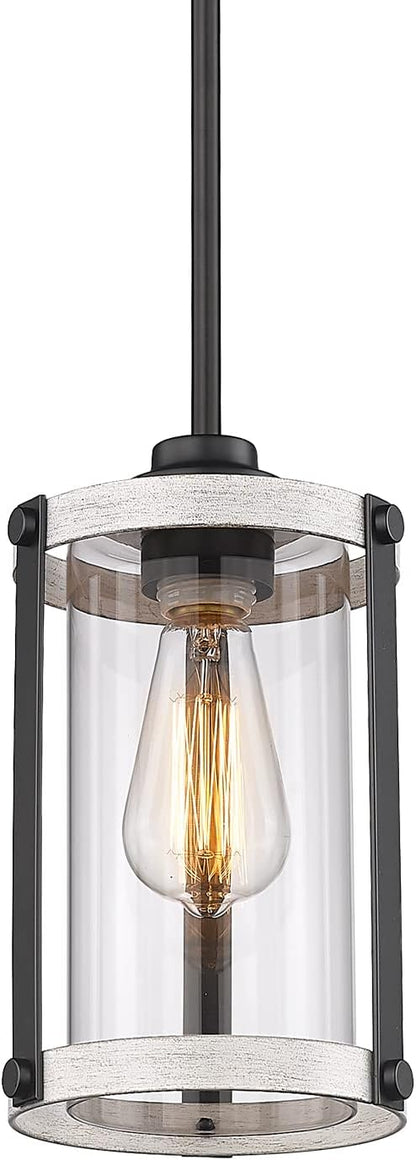 Farmhouse Pendant Light Fixtures, 1-Light Rustic Oak White Pendant Light Fixtures, Mini Glass Hanging Lighting with Rod for Kitchen Island Bar Bedroom, Adjustable Length, OS-3015