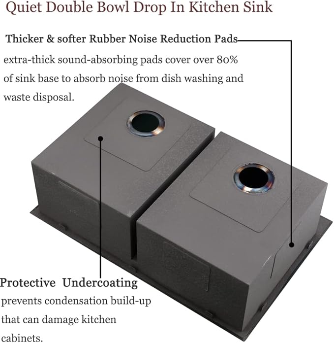 33 Inch Black Double Bowl Drop In Kitchen Sink-Bokaiya 33x22 Drop In Kitchen Sink 50/50 Double Bowl 16 Gauge Deep Low Divided Stainless Steel Basin with Roll Up Rack