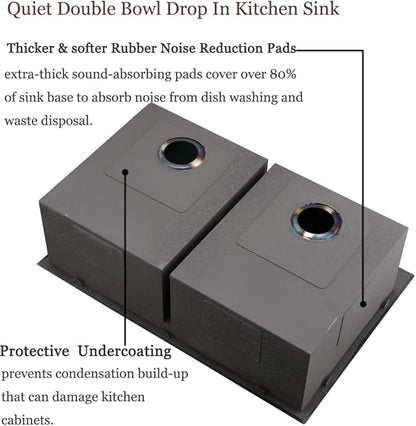 33 Inch Black Double Bowl Drop In Kitchen Sink-Bokaiya 33x22 Drop In Kitchen Sink 50/50 Double Bowl 16 Gauge Deep Low Divided Stainless Steel Basin with Roll Up Rack
