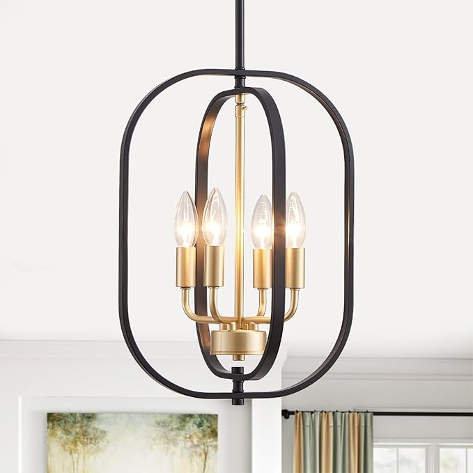XINGQI Modern Black Gold Chandelier Farmhouse 4-Light for Dining Room, Geometric Adjustable Rustic Pendant Lighting Fixture for Entryway Living Room Kitchen Foyer
