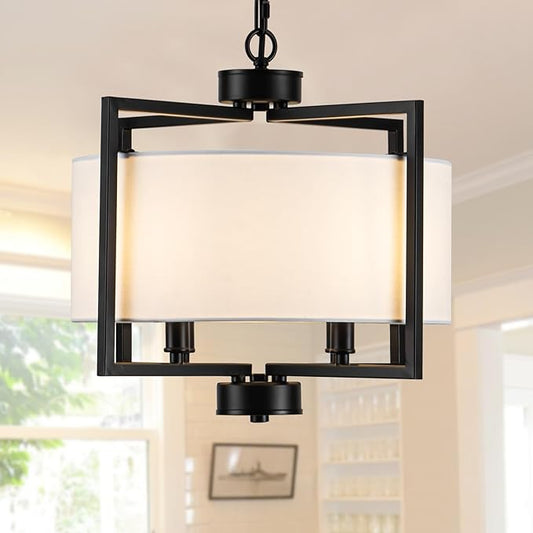 Modern Drum Chandelier Kitchen Island Lights, 4 Light Adjustable Rustic Island Pendant Lighting, Black Farmhouse Dining Room Hanging Light Fixture for Bedroom Living Room Hallway