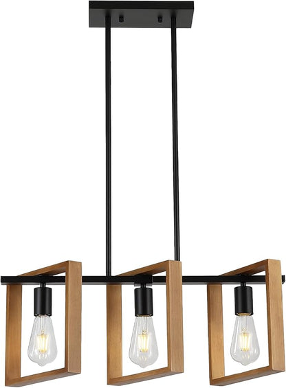 9MMML 3 Lights Kitchen Island Lighting, Black 3 Lights Dining Room Chandelier,Wood Frame Pendant Light for Living Room Foyer Entryway Hallway,E26