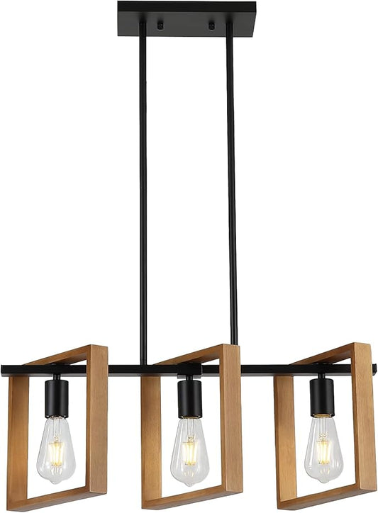 9MMML 3 Lights Kitchen Island Lighting, Black 3 Lights Dining Room Chandelier,Wood Frame Pendant Light for Living Room Foyer Entryway Hallway,E26
