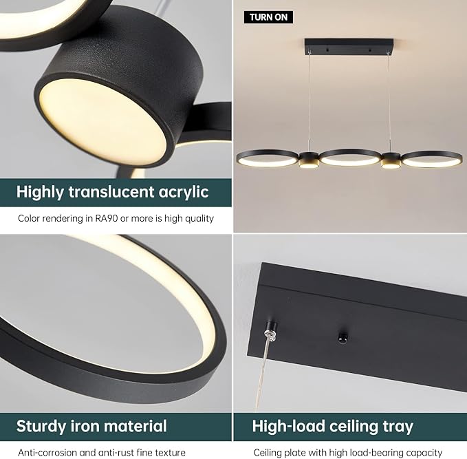 Modern LED Chandelier Light, 3000-6500K Dimmable Modern Pendant Light Fixture with Remote Control, Height-Adjustable Island Light Ceiling Hanging for Dining Room Kitchen (Black, 3Ring- 36IN)
