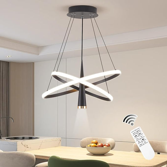 ORANOOR Modern LED Chandelier, Dimmable 20in Black Kitchen Pendant Light Fixture Dining Room Lights Ceiling Hanging, 2 Ring Round Chandeliers for Bedroom Living Room Staircase Over Table (3360lm)