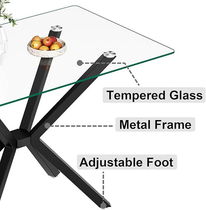 47'' Modern Glass Dining Table for 2-4 People, Rectangular Dining Room Table with Black Metal Legs, Clear Tempered Glass Top Dining Table for 4, Compact Space Dinner Kitchen Table for 4