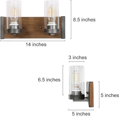 LOG BARN Rustic Bathroom Light Fixtures, 2 Light Farmhouse Vanity Lights for Bathroom with Clear Textured Glass Lampshade, 14 Inch Faux Wood Bathroom Lighting Lights Over Mirror