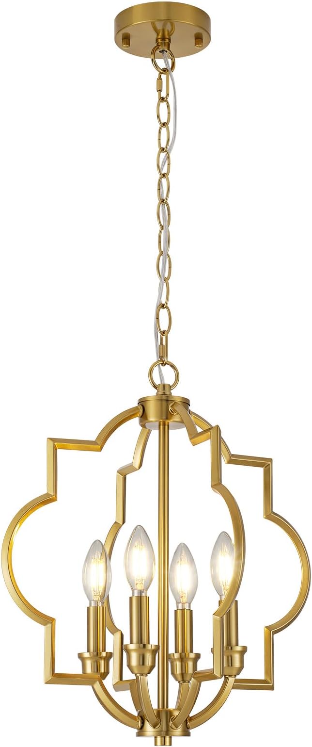 4-Light Brushed Gold Chandeliers for Dining Room, 15.6" Farmhouse Geometric Pendant Light Fixture for Entryway Foyer Kitchen Bathroom Over Sink