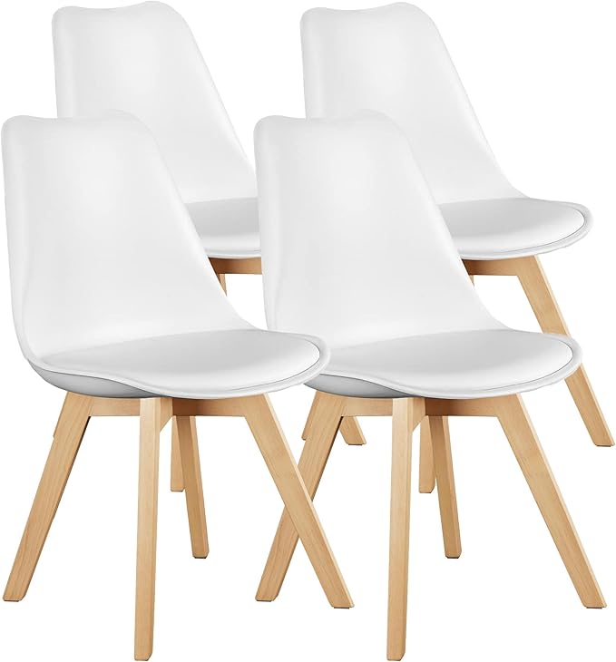 OLIXIS Modern Dining Chairs Set of 4, Mid Century Accent Chairs with Wood Legs, PU Leather Upholstered Kitchen Chairs for Living Room, Bedroom, Outdoor Lounge, White