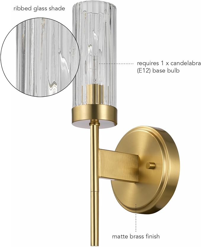 Globe Electric 1-Light Wall Sconce, Matte Brass, Ribbed Clear Glass Shade, E12 Candelabra, Dimmable, 65000103
