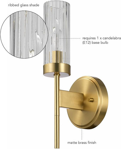 Globe Electric 1-Light Wall Sconce, Matte Brass, Ribbed Clear Glass Shade, E12 Candelabra, Dimmable, 65000103