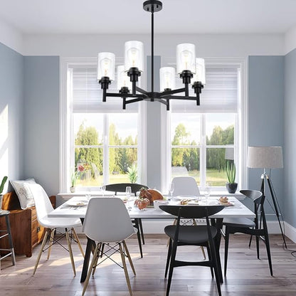 VINLUZ 6 Light Industrial Chandelier Black Pendant Lighting Hanging Fixture with Cylinder Clear Glass for Kitchen Bedroom Dining Room
