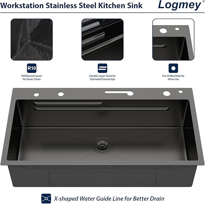 Logmey 33" Smart Dual Waterfall Sink with Digital Display,Water Purifier,Nano PVD Black Drop in Kitchen Sink with Faucet,16 Gauge Stainless Steel Sinks with Temperature Control Knob,5 Buttons,33x19x9
