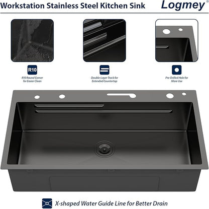 Logmey 33" Smart Dual Waterfall Sink with Digital Display,Water Purifier,Nano PVD Black Drop in Kitchen Sink with Faucet,16 Gauge Stainless Steel Sinks with Temperature Control Knob,5 Buttons,33x19x9