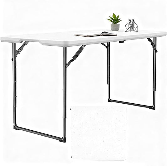 Folding Table 48" x 24" - Heavy Duty Fold-in-Half Plastic Table with Adjustable Height, Portable Utility Tables with Steel Legs for Indoor, Outdoor, Picnic, Camping, Dining, Party (White)