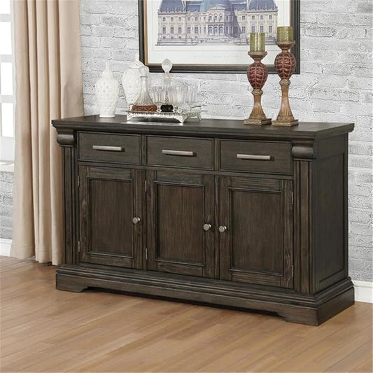 BOWERY HILL Transitional Solid Wood Buffet Server, Espresso Finish, 60" W x 18" D x 36" H, 3-Drawer Storage with Shelves and Cabinet, Fluted Column Accents, Metallic Hardware, Dining Room Sideboard