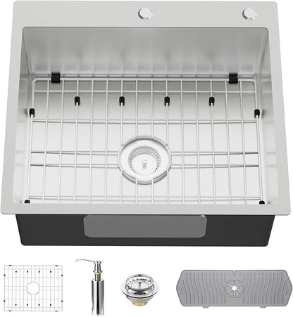 Stainless Steel Drop In Kitchen And Bar Sink - 25x22 Inch Single Bowl Topmount Bar Sink Come With SS Grid,Silicon Mat,Drain Strainer Set