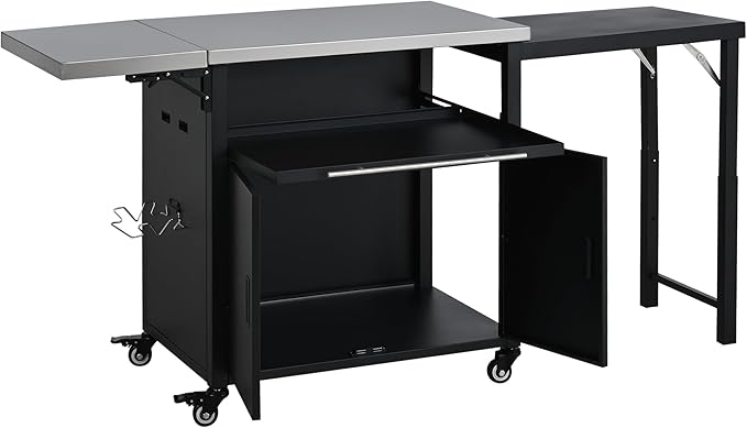 JIJIWANG 73.8" Outdoor Kitchen Island with Stainless Steel Top and Foldable Table, Kitchen Island with Trash and Spice Rack, BBQ Cart with Wheels for Backyard, Patio, Black
