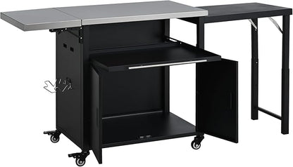 JIJIWANG 73.8" Outdoor Kitchen Island with Stainless Steel Top and Foldable Table, Kitchen Island with Trash and Spice Rack, BBQ Cart with Wheels for Backyard, Patio, Black