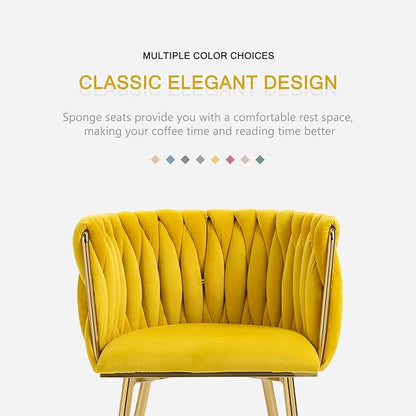 Nrizc Woven Dining Chairs Set of 6, Velvet Upholstered Dining Chairs with Gold Metal Legs, Modern Accent Chairs for Living Room, Dining Room, Kitchen (Yellow)