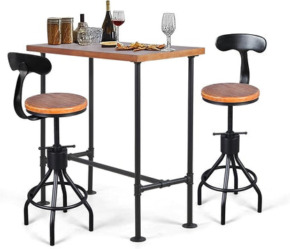 LOKKHAN Industrial Rustic 3-Piece Bar Set - Wood Tabletop and Seat with One Bar Table and Two Stools - Ideal for Kitchen Island and Home Café