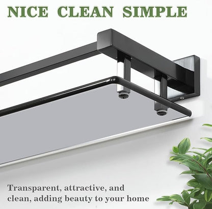Alise Bathroom Glass Shelf with Stainless Steel Railing, Matte Black Small Tempered Glass Floating Wall Shelf Over The Toilet, 16 inch