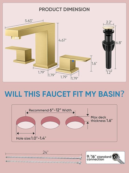 Cobbe Bathroom Faucets for Sink 3 Hole, Brushed Gold Bathroom Sink Faucet Square 8 inch Widespread with Pop-Up Drain, 2 Handle and 2 Supply Hoses, Lead-Free Stainless Steel for Vanity, Rv, Farmhouse