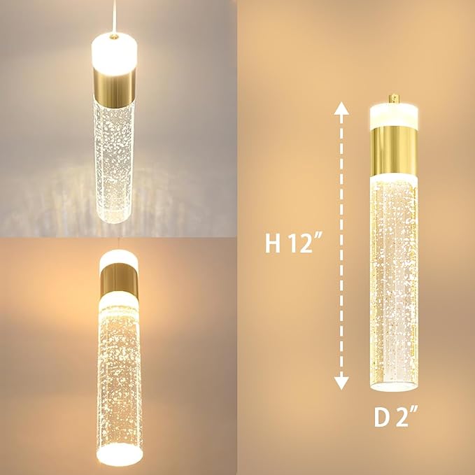 4-Light Gold Pendant Lights Kitchen Island Modern LED Dimmable Gold Crystal Column Ceiling Light for Dinning Room Living Room 32W