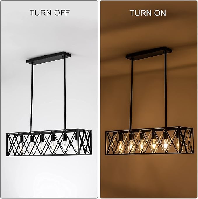 Farmhouse Chandelier for Dining Room Kitchen Island Pendant Lighting 6-Light Black Metal Industrial Bar Chandelier Vintage Hanging Rectangle Linear Light Fixtures