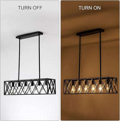 Farmhouse Chandelier for Dining Room Kitchen Island Pendant Lighting 6-Light Black Metal Industrial Bar Chandelier Vintage Hanging Rectangle Linear Light Fixtures