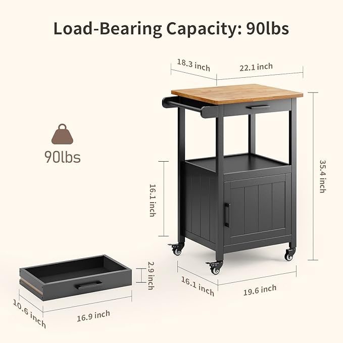 Qsun Kitchen Island on Wheels with Drawer, Storage Cabinet, Shelf and Side Hook, Rolling Kitchen Cart with Rubber Wood Countertop, Microwave Cart for Small Space, Black