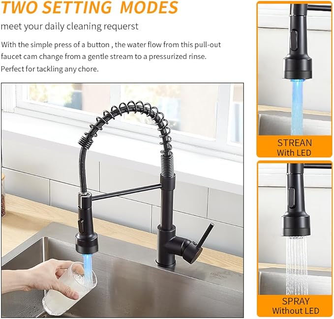 OWOFAN Kitchen Faucet with Sprayer Single Handle Pull Down Sprayer Spring Matte Black Kitchen Sink Faucet with LED Light 9005R