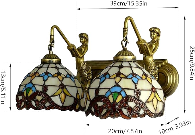 Tiffany Wall Sconce Lighting with Mermaid 2-Light Antique Wall Light Fixture Stained Glass Bowl Shade Bronze Finish Retro Vintage Wall Lamp for Bedroom Hallway Stairway Balcony Bathroom (Yellow)