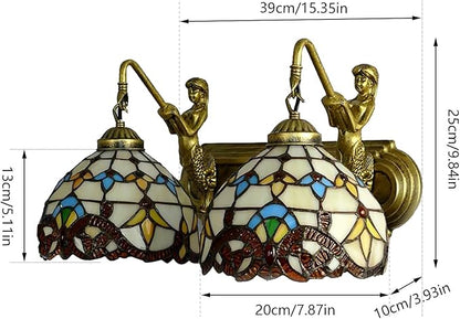 Tiffany Wall Sconce Lighting with Mermaid 2-Light Antique Wall Light Fixture Stained Glass Bowl Shade Bronze Finish Retro Vintage Wall Lamp for Bedroom Hallway Stairway Balcony Bathroom (Yellow)
