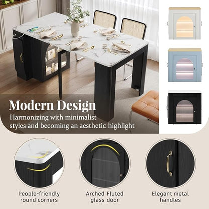 Dining Table with 3 Removable Middle Leaves, Mobile Rolling Island Table with Power Outlet, Saving-Space Cabinet with Storage for Dining Room,Living Room