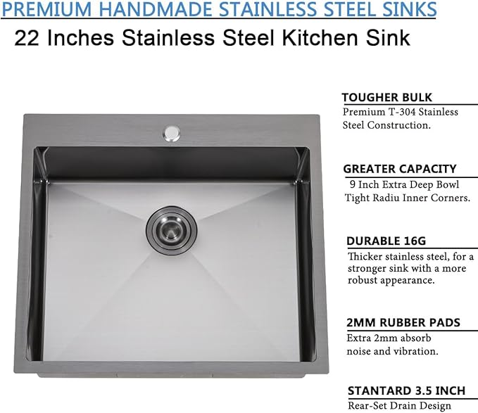 SHACO 22x18 Inch Drop In Black Bar Sink, 22 Inch Gunmetal Black Outdoor RV Laundry Utility Sink, Stainless Steel 16 Gauge Single Bowl Prep Small Kitchen Sink with Strainer Drain