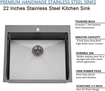 SHACO 22x18 Inch Drop In Black Bar Sink, 22 Inch Gunmetal Black Outdoor RV Laundry Utility Sink, Stainless Steel 16 Gauge Single Bowl Prep Small Kitchen Sink with Strainer Drain