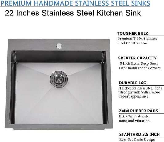 SHACO 22x18 Inch Drop In Black Bar Sink, 22 Inch Gunmetal Black Outdoor RV Laundry Utility Sink, Stainless Steel 16 Gauge Single Bowl Prep Small Kitchen Sink with Strainer Drain