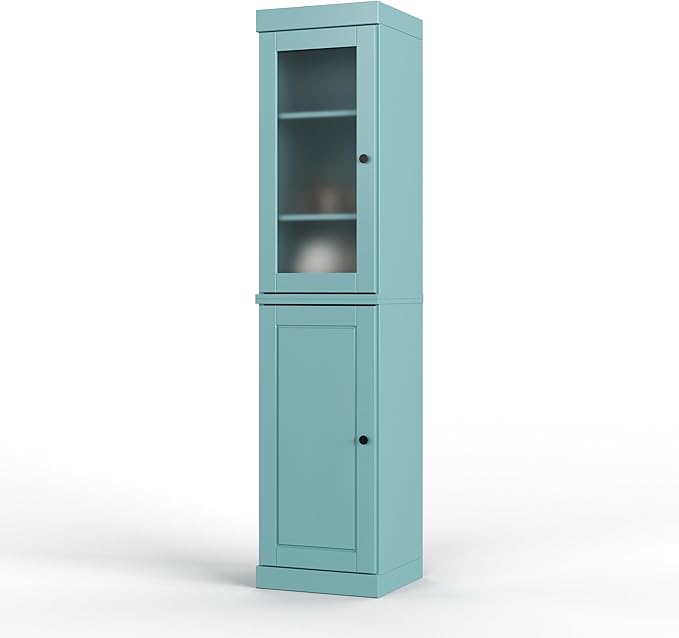 Palace Imports Solid Wood Kitchen Pantry - Narrow Storage Cabinet - 16.5" Wide x 71.5" Tall - 1 Raised Panel & 1 Frosted Glass Door, Sage, Adjustable Shelves, 100% Eco-Friendly Wood, Modular Cabinets