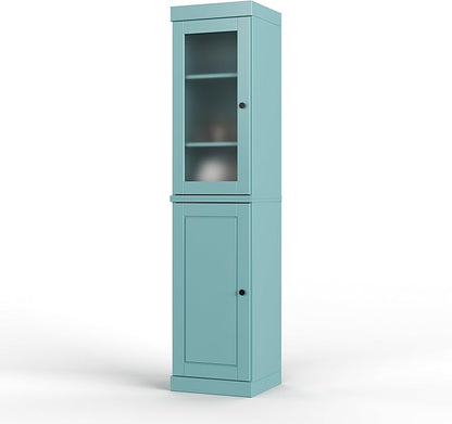 Palace Imports Solid Wood Kitchen Pantry - Narrow Storage Cabinet - 16.5" Wide x 71.5" Tall - 1 Raised Panel & 1 Frosted Glass Door, Sage, Adjustable Shelves, 100% Eco-Friendly Wood, Modular Cabinets